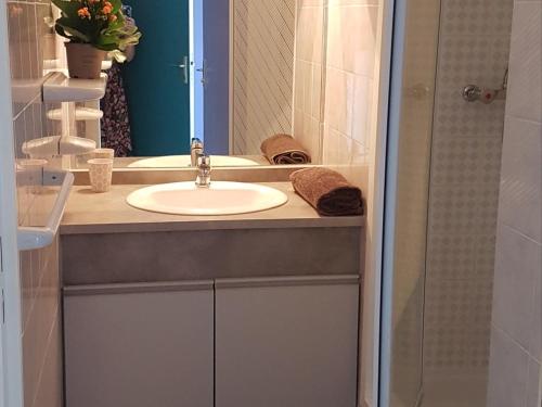 une salle de bain avec un lavabo et un miroir dans l'établissement Appartement climatisé avec loggia, parking privé et proche plage à Sète - FR-1-338-442, à Sète