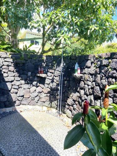 a stone wall with a sink in front of it at PELE'S SHALA - Sweet Seaview Sanctuary near Ocean, Beach, and Kalani! in Pahoa