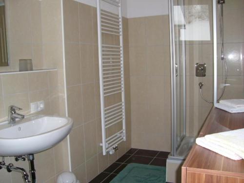 bagno con lavandino e doccia di Haus Neurauter a Niederthai