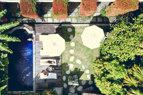 an overhead view of a garden with a swimming pool at THE SPARE ROOM BALI in Canggu