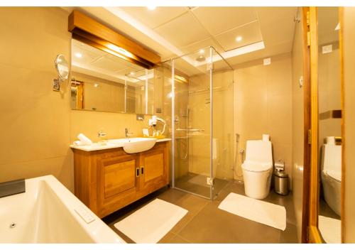 a bathroom with a sink and a shower and a toilet at Chandys Drizzle Drops - Munnar Top Station in Munnar