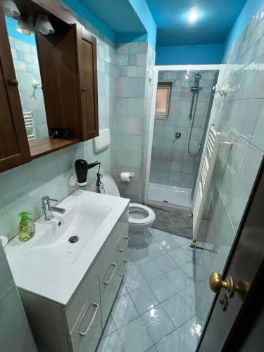 a bathroom with a sink and a shower and a toilet at Casa DALLA NONNA in Sori