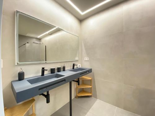 a bathroom with a blue sink and a mirror at La Casa de Hierba - Casa de campo de diseño con jardín y wifi cerca de las playas de Llanes in Llanes