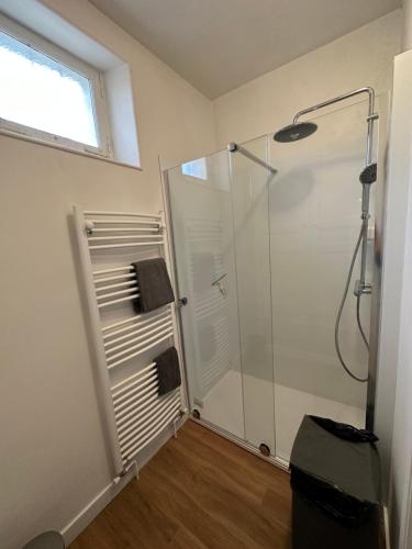La salle de bains est pourvue d'une douche et d'une cabine de douche en verre. dans l'établissement Joffre, à Fontainebleau