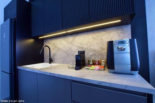 a kitchen with a counter with a sink and a refrigerator at Dian’s suits in Gita