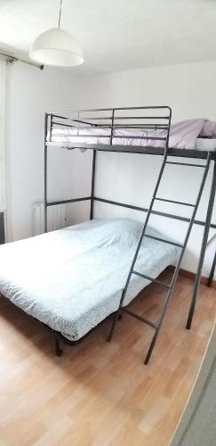 2 Etagenbetten in einem Zimmer mit Holzboden in der Unterkunft Maison 2 chambres, terrasse/jardin (proche PARIS) in Argenteuil