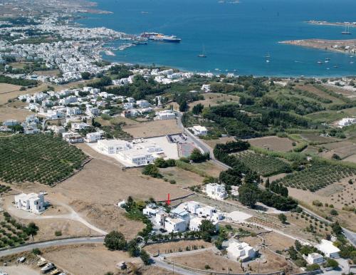 an aerial view of a city and the ocean at Pyrgaki Hotel in Parikia