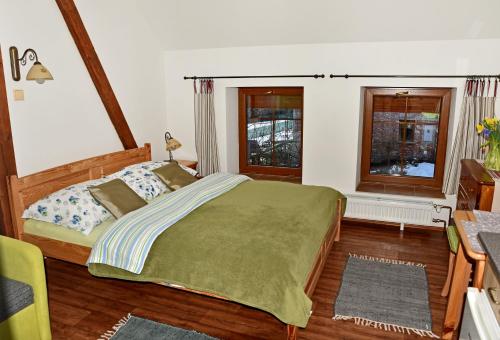 una camera con un grande letto e due finestre di Penzion Tuček Adršpach ad Adršpach