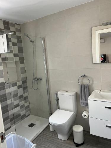 a bathroom with a shower and a toilet and a sink at luxury casa playa roca bord de mer in Costa Teguise