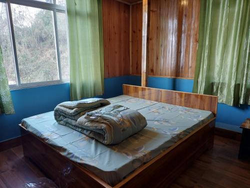 Cama en habitación con paredes y ventanas azules en Athithi homestay, en Darjeeling