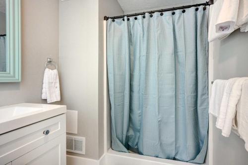 a bathroom with a shower with a blue shower curtain at Charming Alger Retreat about 2 Mi to Skidway Lake in Alger