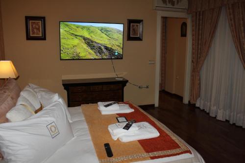 a hotel room with a bed with a tv on the wall at Villa Granada Motril in Motril