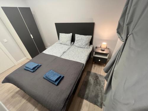 een slaapkamer met een bed met 2 kussens erop bij City Life in Vilnius