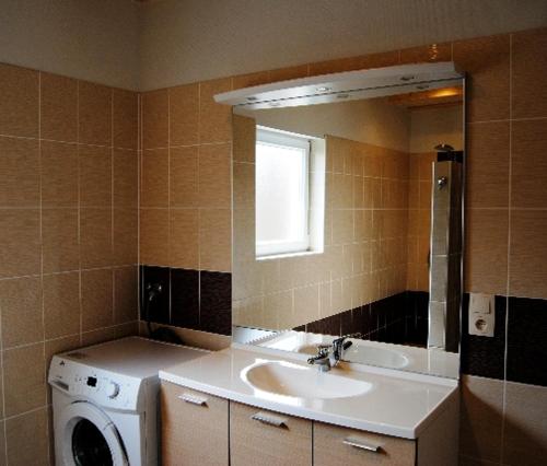 a bathroom with a sink and a washing machine at Gîte Binnert Bader in Nothalten