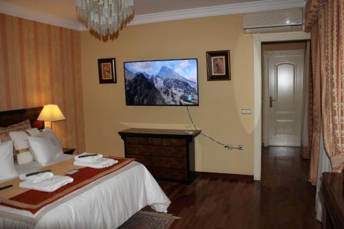 a hotel room with a bed and a television on the wall at Villa Granada Motril in Motril