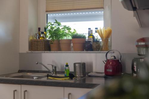 a kitchen counter with a sink and a window at Boardinghouse HOME - adults only - in Konstanz