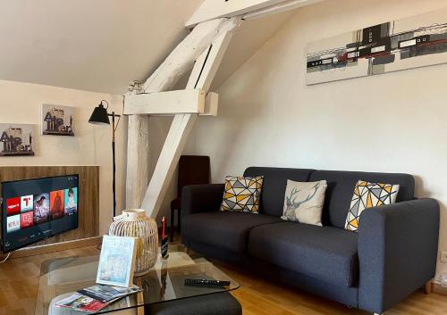 a living room with a couch and a tv at Aux Lofts de VERDUN in Verdun-sur-Meuse