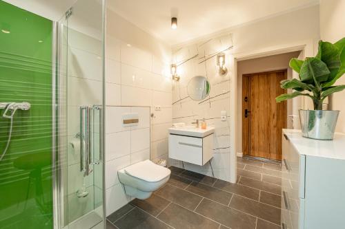 a bathroom with a toilet and a glass shower at Fewo Elegance in Binz