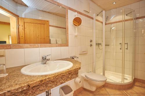 a bathroom with a sink and a toilet and a shower at Gasthof-Hotel Zur Post Samerberg in Törwang