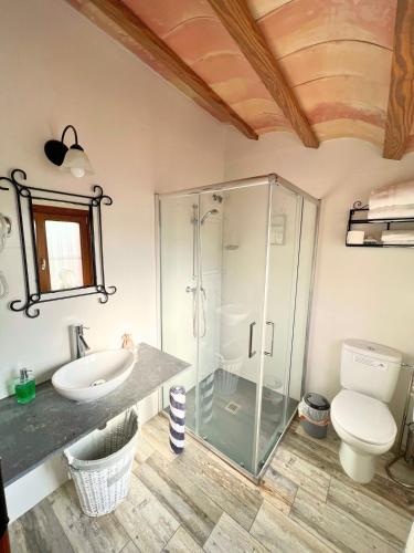 a bathroom with a shower and a sink and a toilet at Mas Segart in Santa María de Palautordera