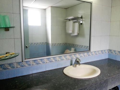 a bathroom with a sink and a large mirror at Istana Monaco Hotel in Tawau