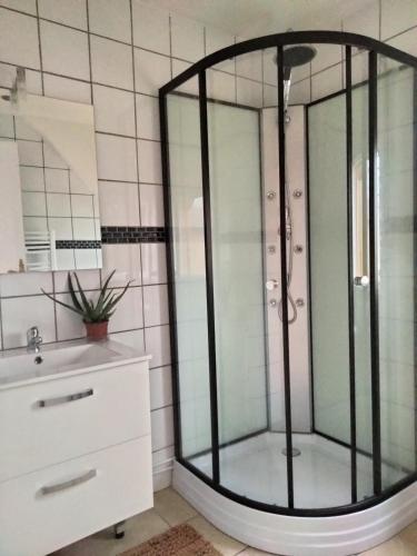 a shower with a glass door in a bathroom at CAMPING LES PAILLOTES in Payrac