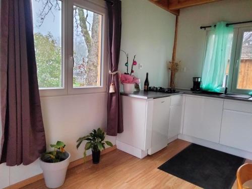 a kitchen with white cabinets and two windows at CAMPING LES PAILLOTES in Payrac
