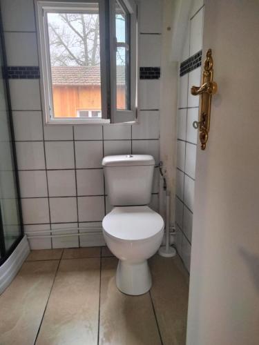 a white toilet in a bathroom with a window at CAMPING LES PAILLOTES in Payrac