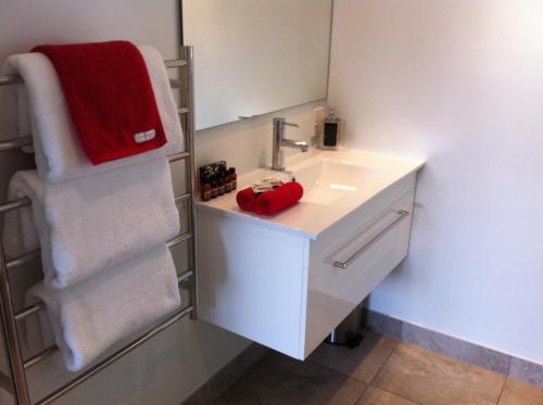 a bathroom with a sink and a red towel at Darfield Motel in Darfield