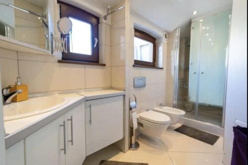 ein Bad mit einem WC, einem Waschbecken und einer Dusche in der Unterkunft ALİZE penthouse 360*view in Istanbul