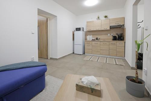 Una sala de estar con un sofá azul y una cocina. en Fara No71 apart 3, en Libice nad Cidlinou
