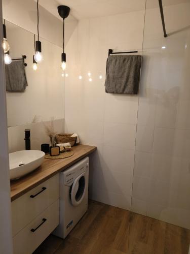 een badkamer met een wastafel en een wasmachine bij Mieszkanie w centrum Tarnowa in Tarnów