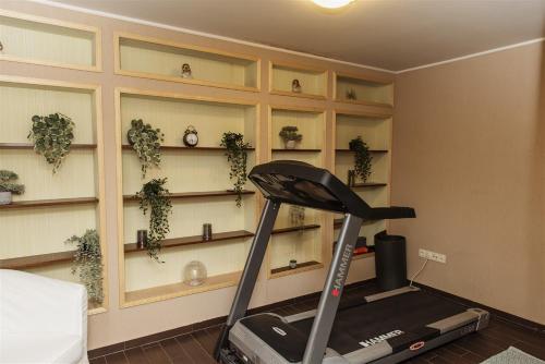 a room with a treadmill and shelves with potted plants at Hilltop Wellness Villa-big garden, sauna, hot tube in Pécs