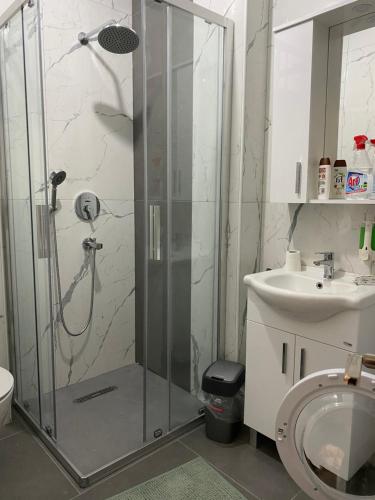 a bathroom with a shower and a toilet and a sink at Ulcinj Apartments in Ulcinj