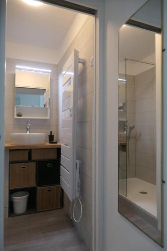 une salle de bain avec un lavabo, une douche et un miroir dans l'établissement Vue port et mer, centre-ville, au calme, garage, à Sète