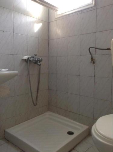 a bathroom with a shower with a toilet and a sink at Rooms to let Katerina & John's in Perissa