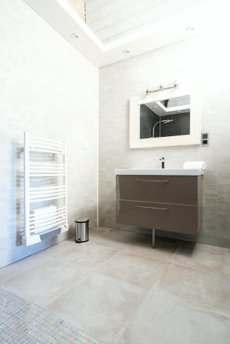 une salle de bain avec un lavabo et un miroir dans l'établissement Le Mas des Oliviers Nîmes, à Nîmes