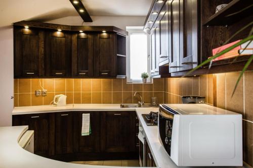 a kitchen with wooden cabinets and a white microwave at Cecile's Central, Gastro str, WIFI, 2 bed and 2 bathrooms in Budapest