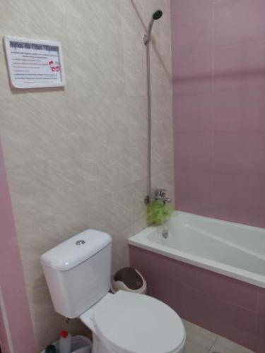 a bathroom with a white toilet and a bath tub at Casa Kyara T0 in Praia