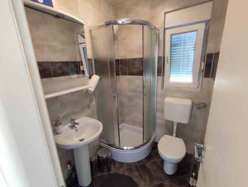 a bathroom with a shower and a sink and a toilet at Carpe Diem**** in Lun