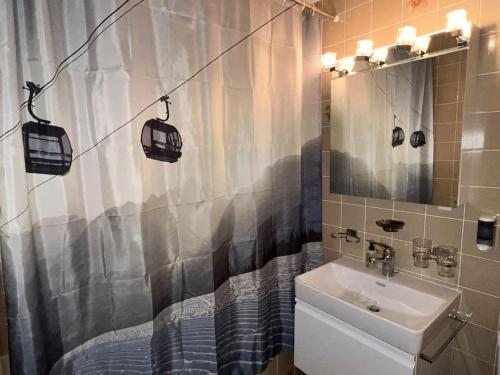 a bathroom with a sink and a shower curtain at Apartment in Wengen - Amazing views, centrally located by train station in Wengen