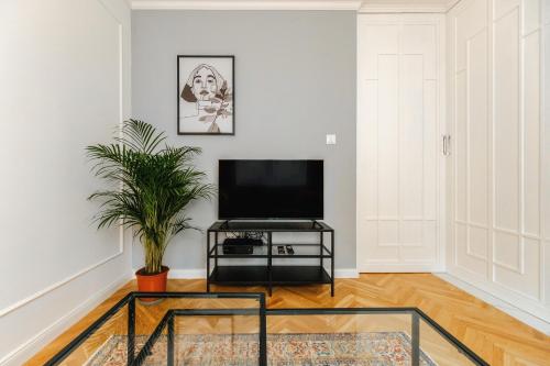 ein Wohnzimmer mit einem TV und einer Topfpflanze in der Unterkunft Apartament Nowolipki z sypialnią in Warschau