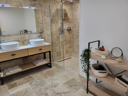 a bathroom with a sink and a shower at Pissenlit Une Prairie en Provence in Arles