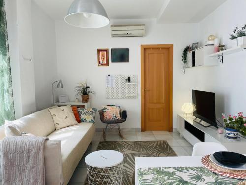 salon z kanapą i telewizorem w obiekcie Penthouse at City Center with Terrace w Sewilli