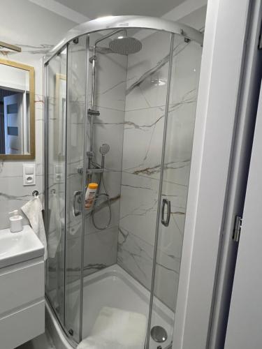 a bathroom with a shower with a glass door at Apartament Stare Miasto Malbork in Malbork