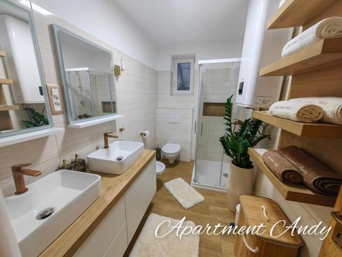 bagno bianco con lavandino e doccia di Apartment Andy a Medvode