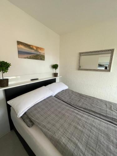 ドルヌマージールにあるFerienwohnung schöner Ausblickのベッドルーム(大型ベッド1台、鏡付)