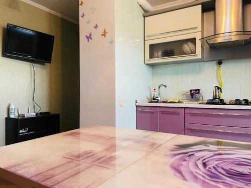 a kitchen with purple cabinets and a tv at Svetlana Apartment in Chişinău