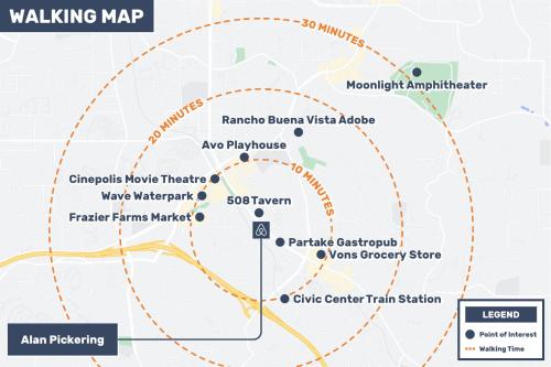 a map of the walking map at Single Bedroom - Queen Size. Heart of Downtown Vista in Vista