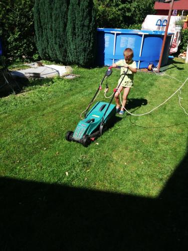 a young child is mowing the grass with a mower at GALATA house along the river Danube in Radvaň nad Dunajom